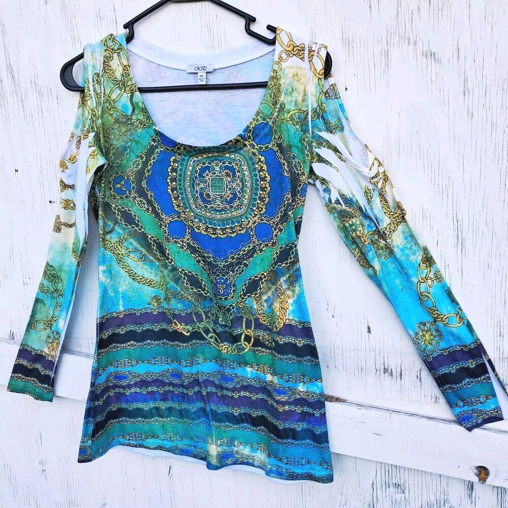 Cache Y2k Xs Blue Chain Pattern Cold Shoulder Fai… - image 1